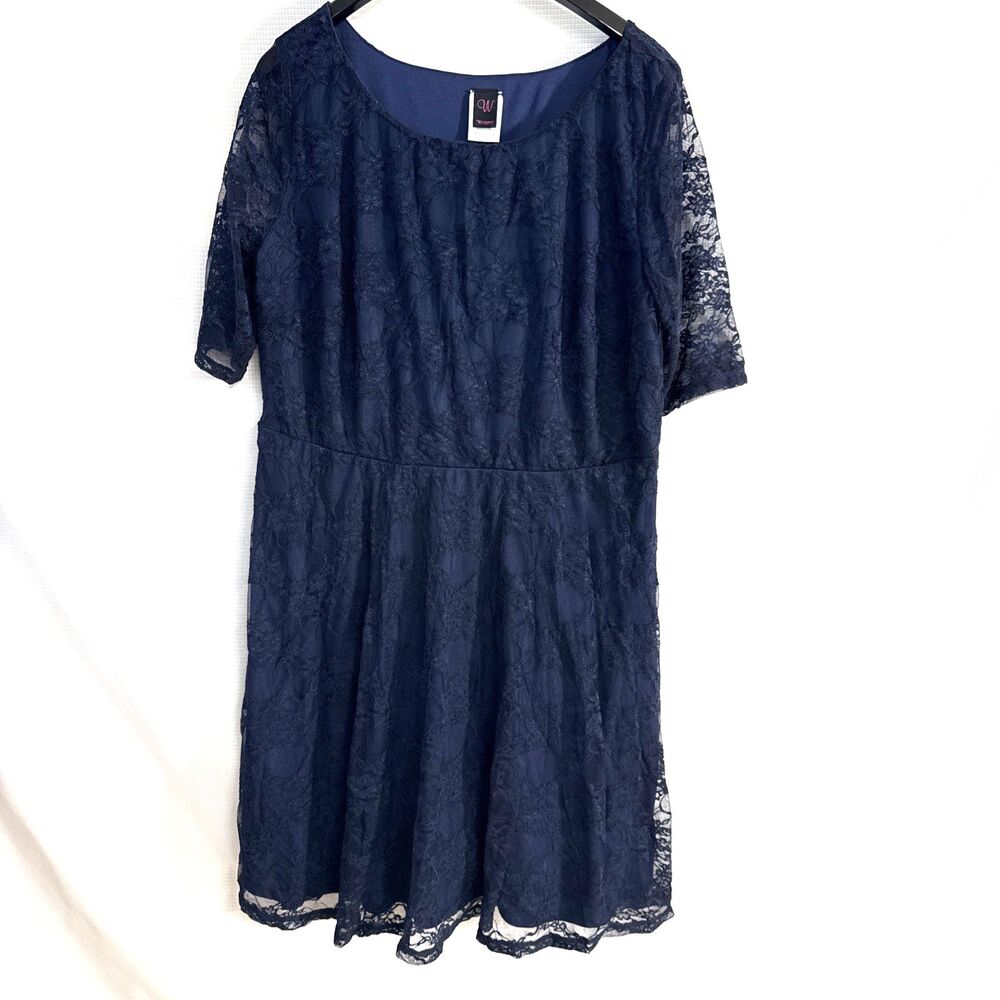 Navy Lace Dress 3/4 Length Sleeve Lined Blue Midi Fringe Boho - 2X